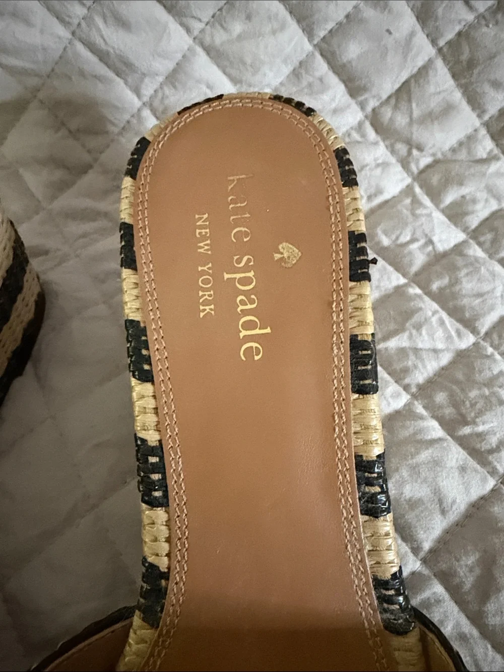 kate spade Black and Natural Striped Wedge Slides with Black Floral Pom